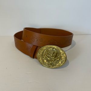 Women’s Leather Linea Pelle Belt with Brass Color Rose Buckle